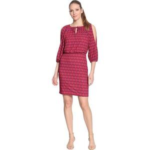 NWT Red Print Sz 12 Stretchy Jersey Knit Knee Length Blouson Dress LONDON TIMES